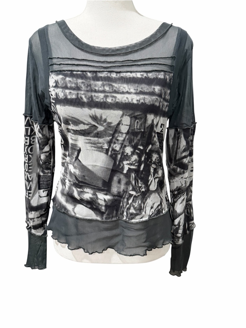 DZHAVAEL Couture Sheer Graphic Long-Sleeve Top Gray Size M